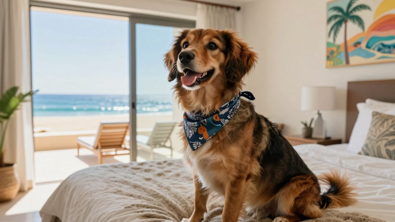 Dog relaxing in a Cabo hotel room with ocean view.