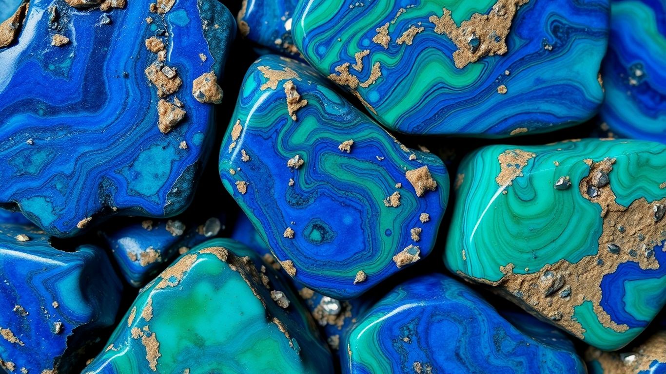 Azurite-malachite stones with blue and green swirls.
