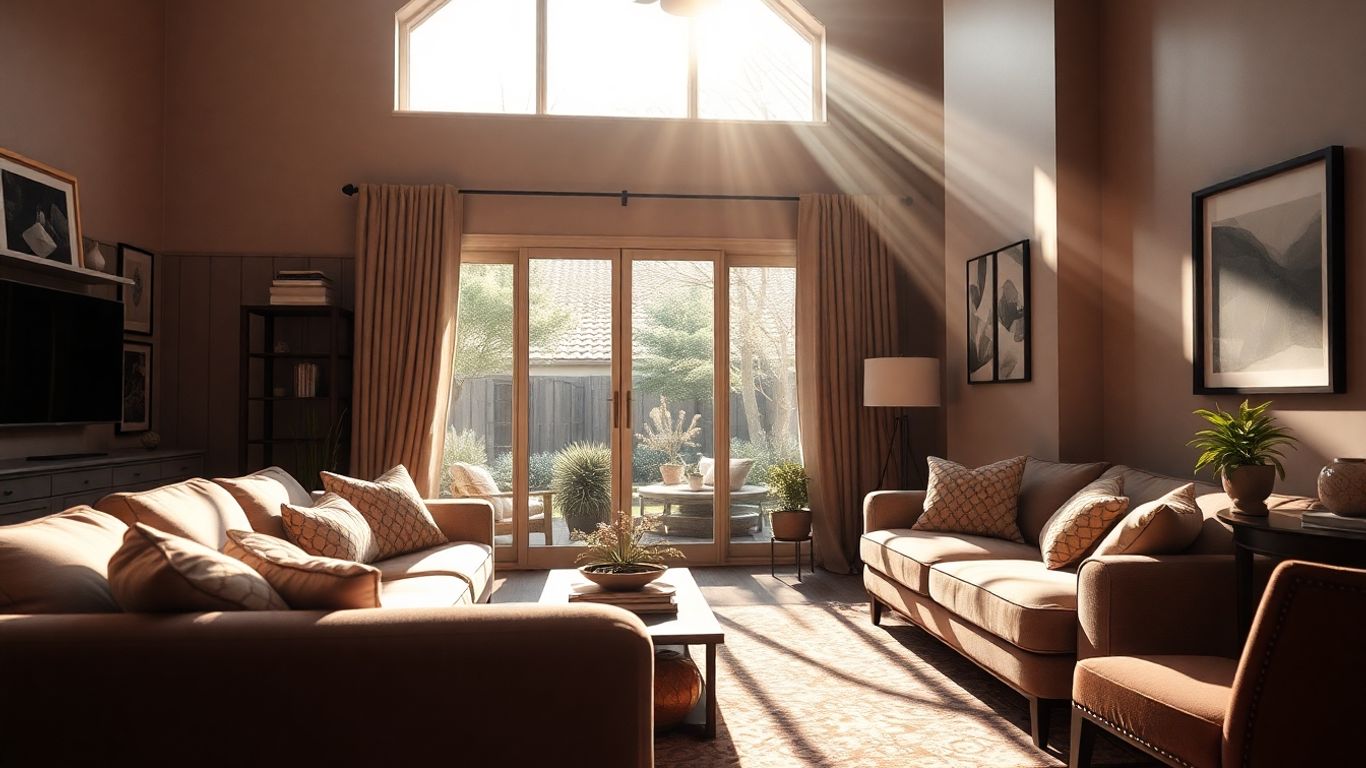 Sala de estar acogedora con muebles elegantes y luz cálida.