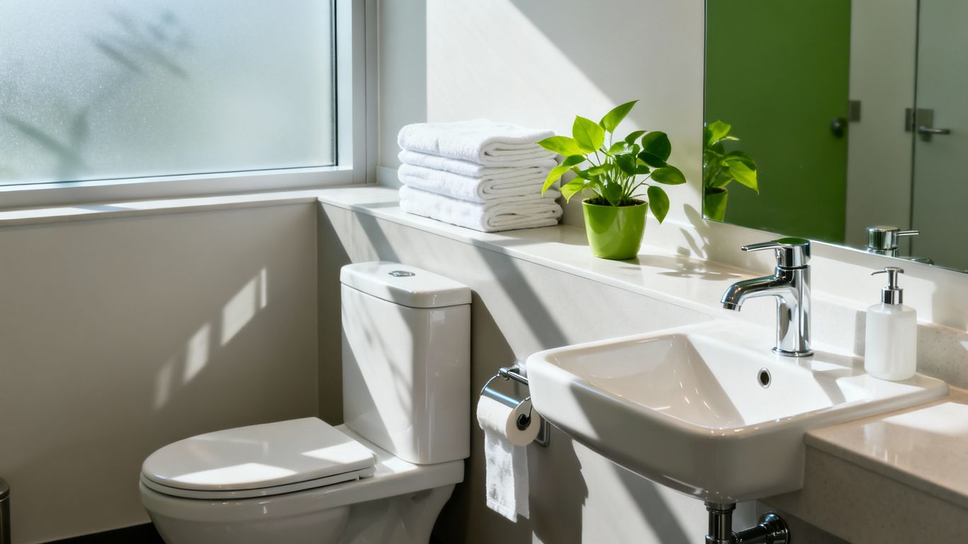 Čistá kancelárska toaleta s lesklými armatúrami a bielym porcelánom.