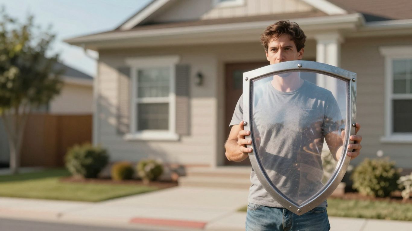 Homeowner with shield protecting house from harm.