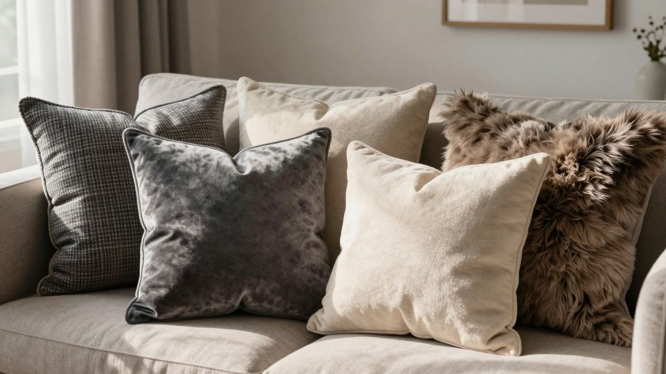 Various textured pillow covers on a sofa.