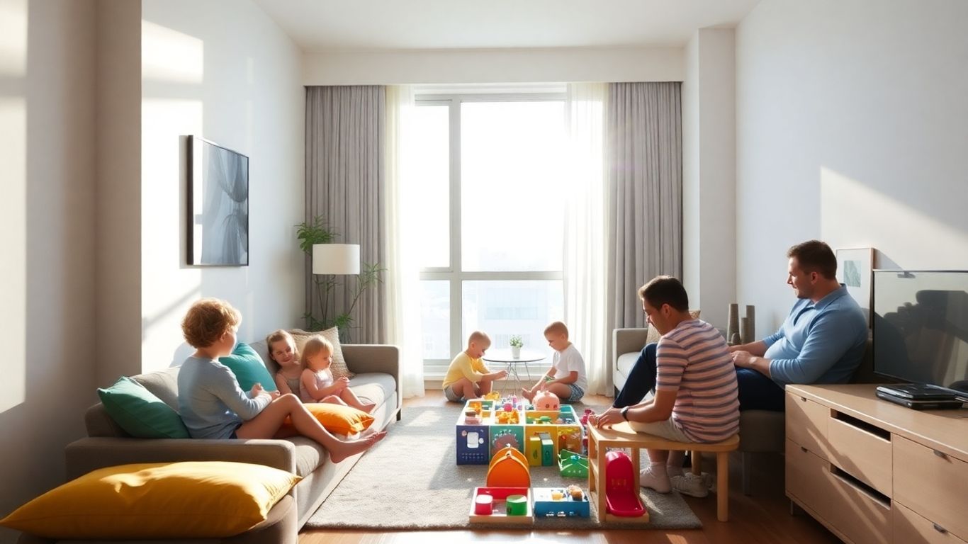 Familie spielt kreativ in Stadtwohnung