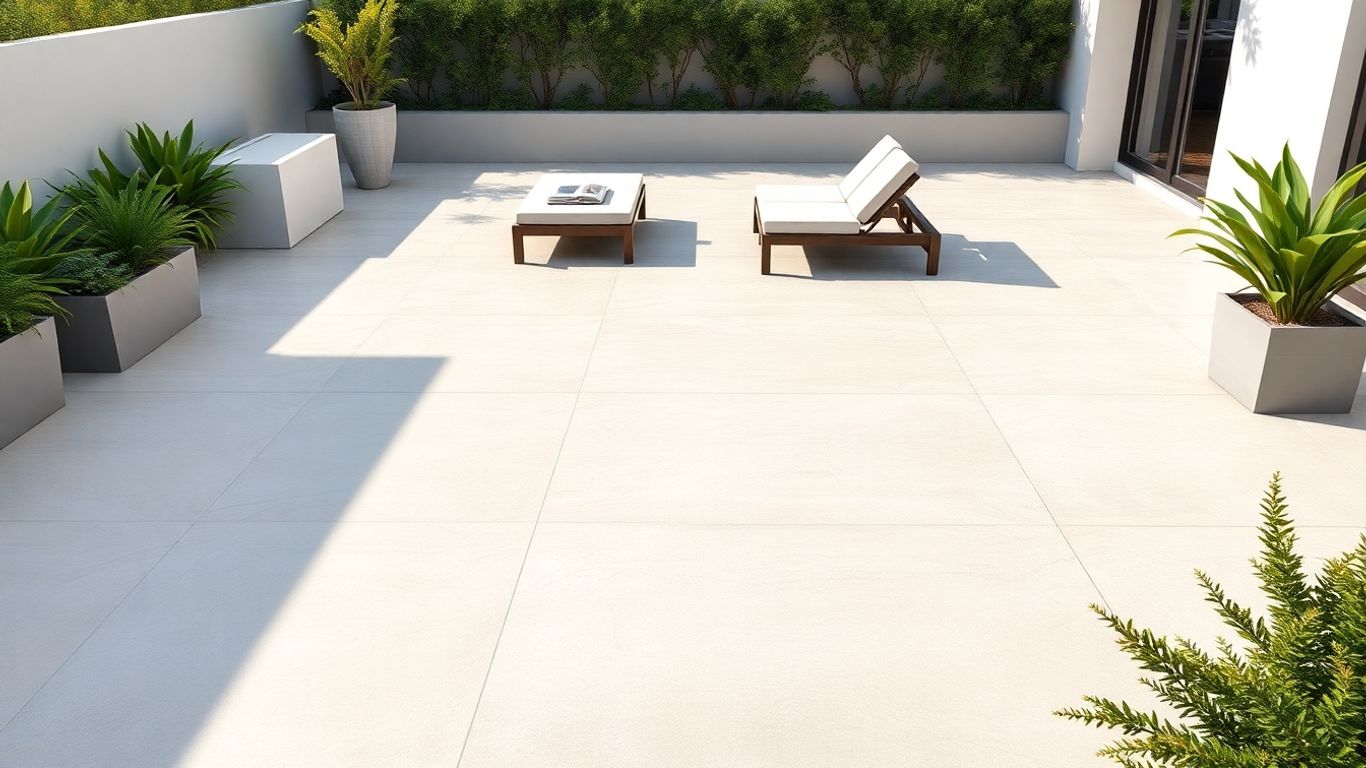 Outdoor patio with modern porcelain slab flooring