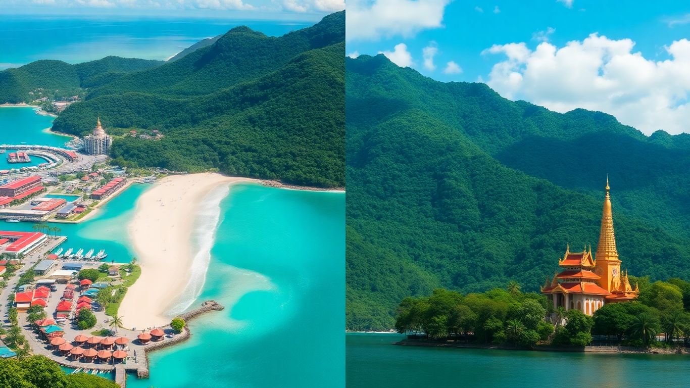 Phuket north and south regions: beaches, resorts, temples, and landscapes.