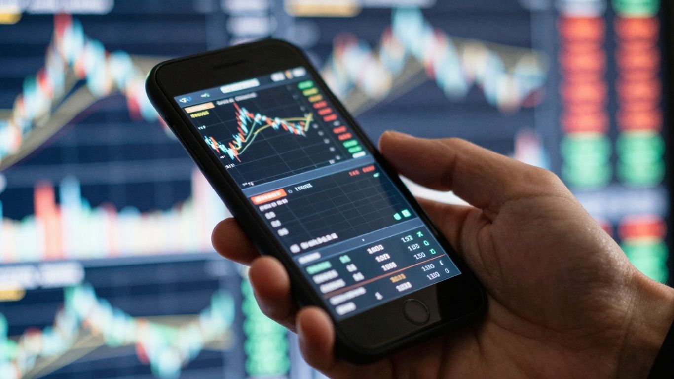 Financial trading with smartphone and blurred charts.