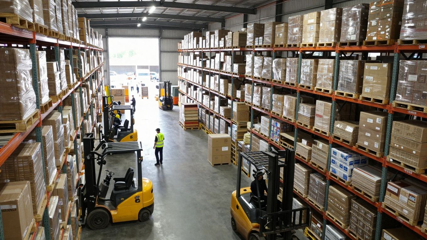 Amazon warehouse interior with shelves, forklifts, and workers.