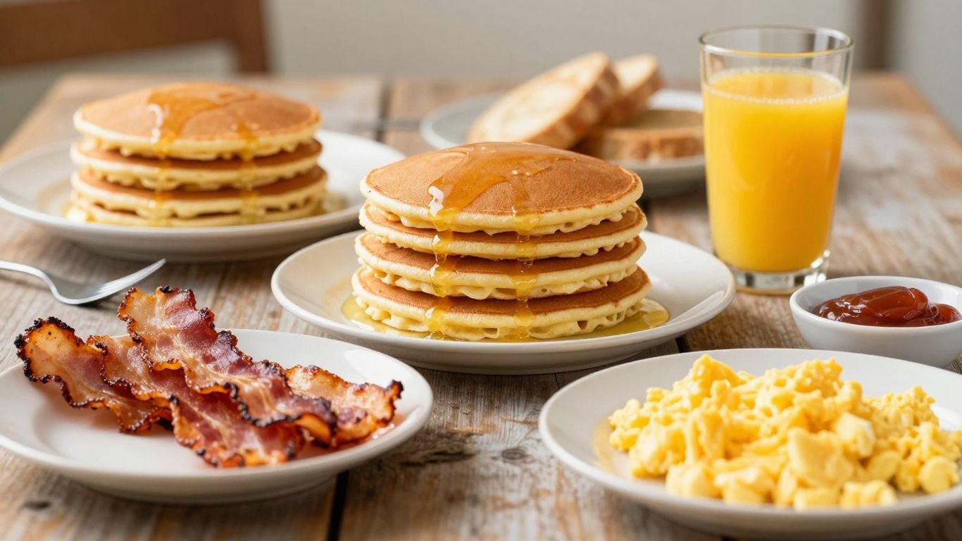 Micul dejun american: clătite, ouă, bacon, suc de portocale.