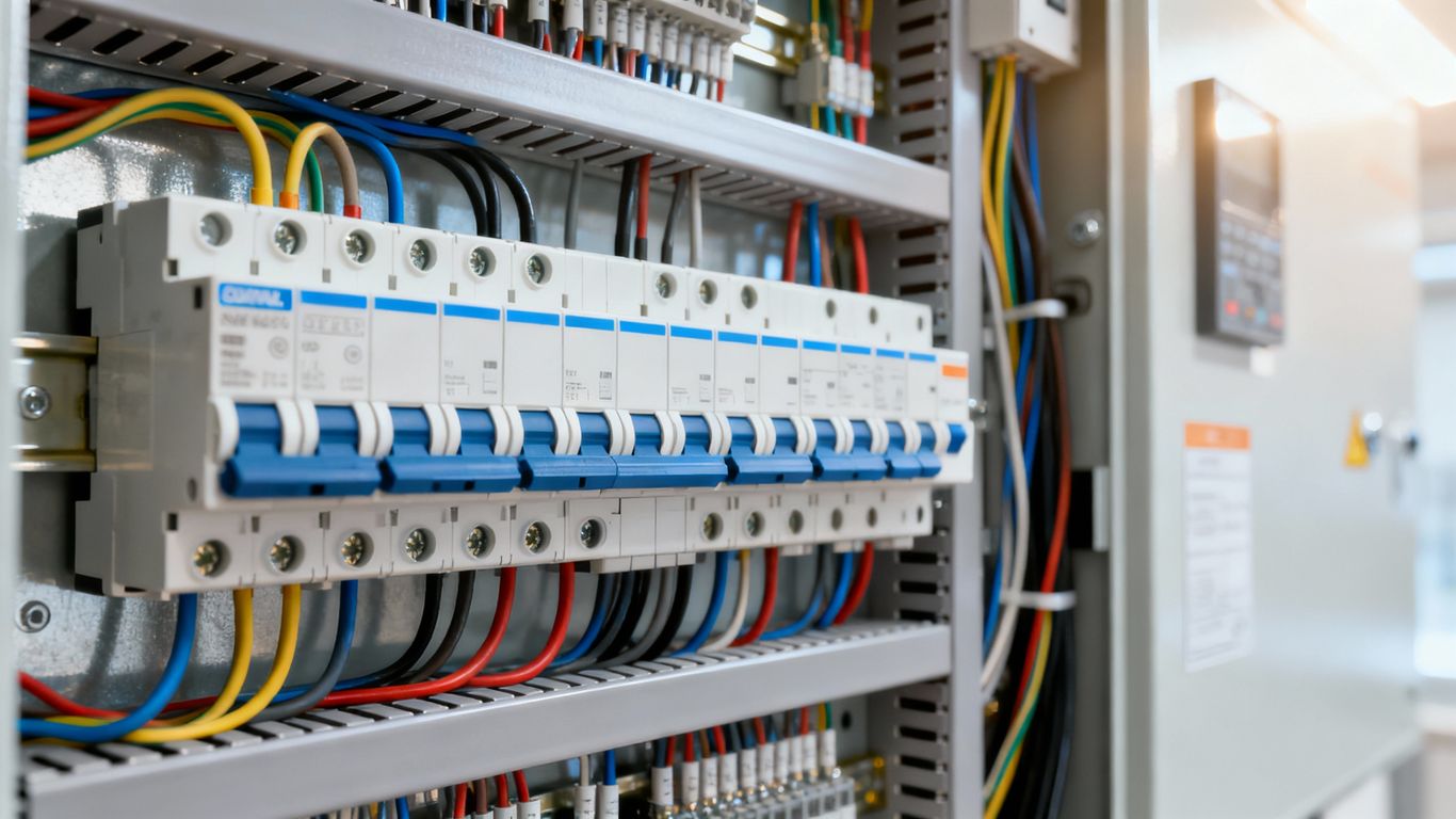 Modern electrical panel with organized circuit breakers.