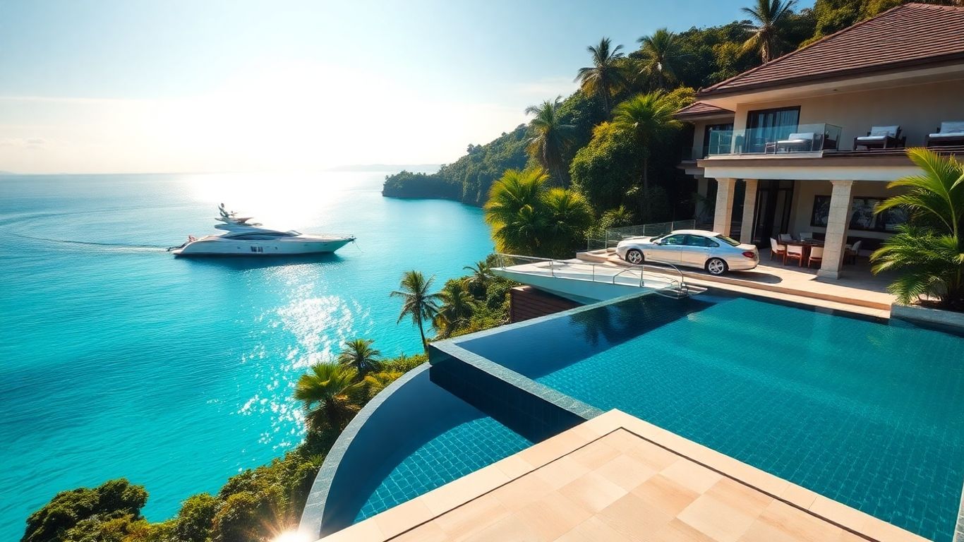 Luxury villa with infinity pool and yacht in Phuket.