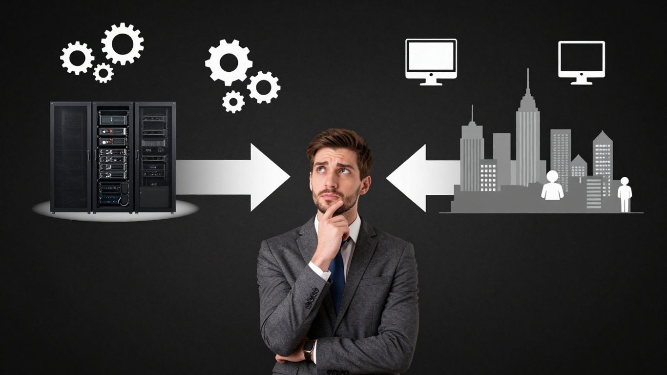 Business person deciding between in-house and outsourced IT support.