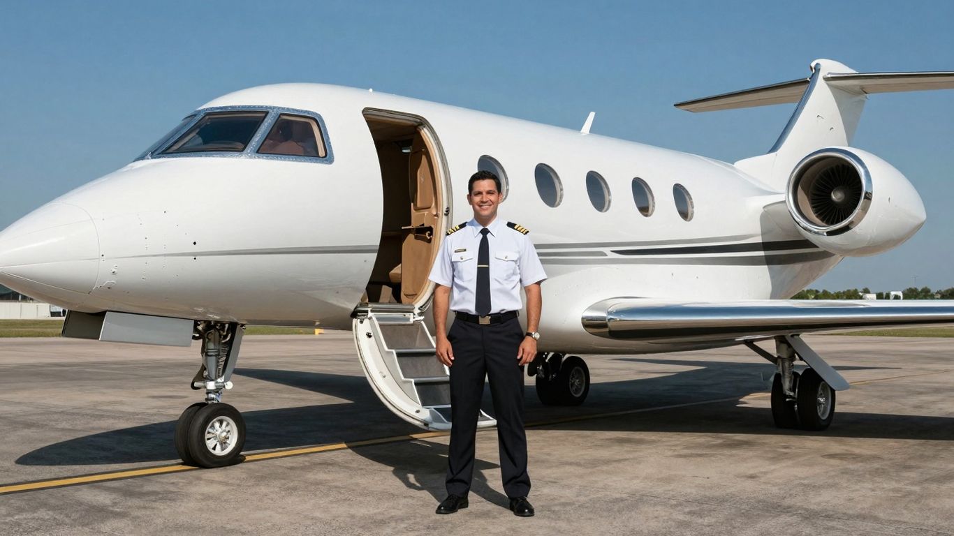 Pilot by a Flexjet private jet on tarmac.