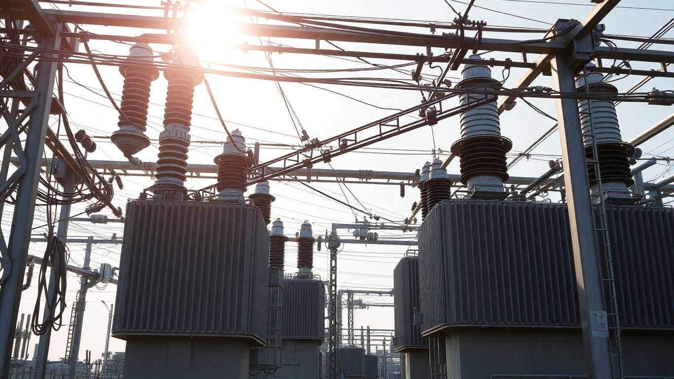 High-power electrical installation with cables and transformers.