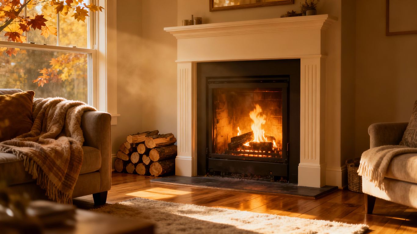 Cozy fireplace with warm glow and stacked logs.