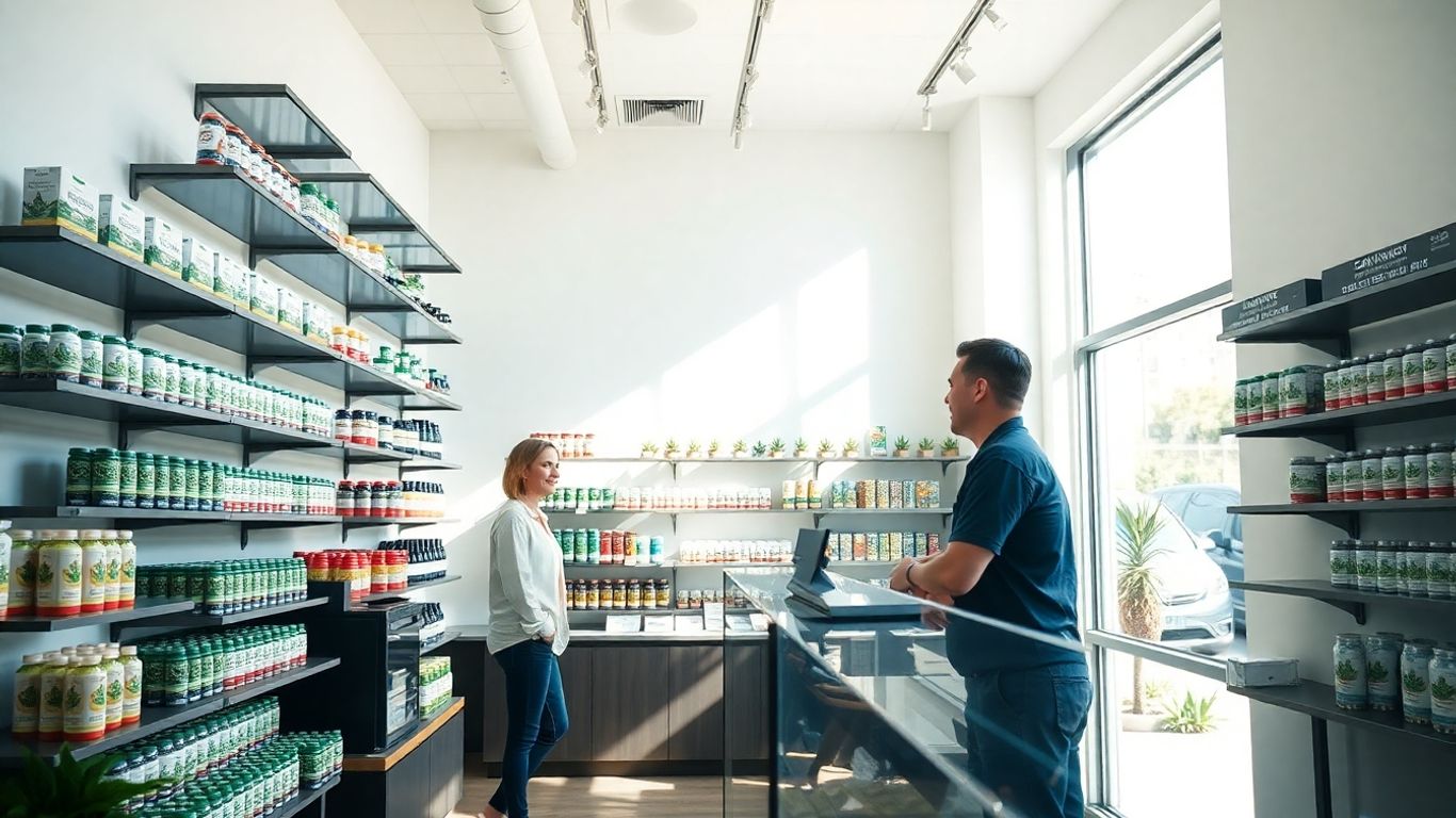 Cannabis retail store interior with products and staff.