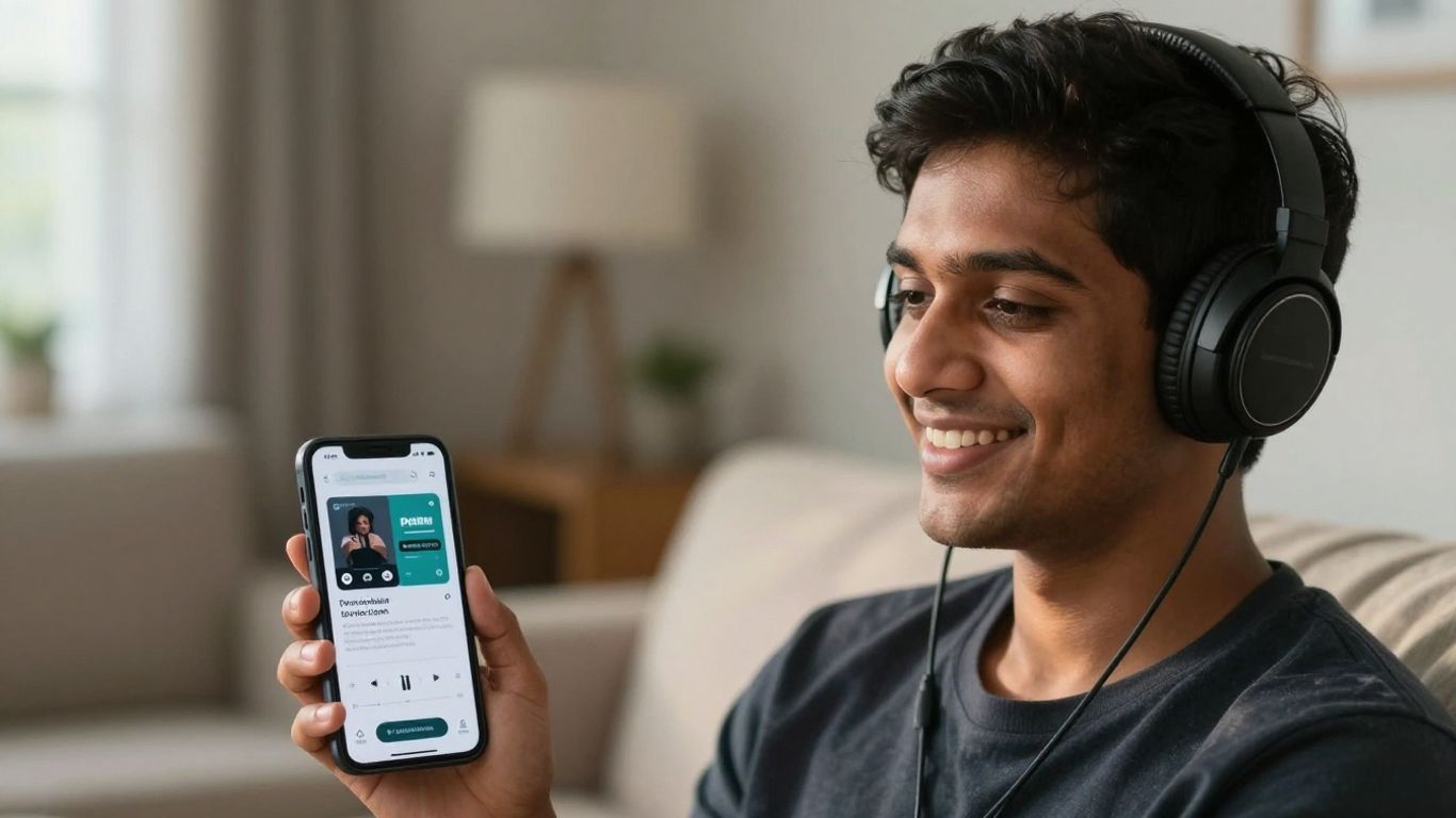 Persona escuchando un podcast con auriculares y teléfono.