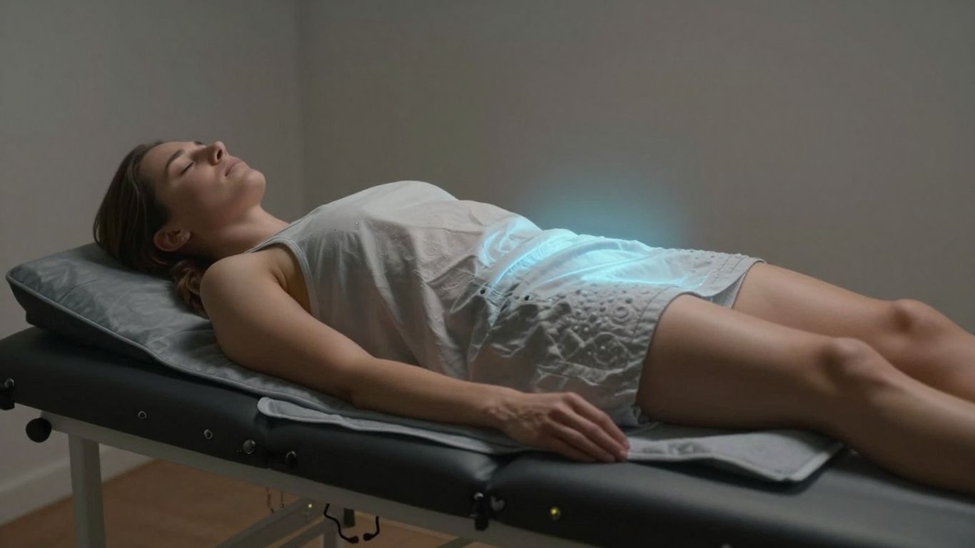 Person receiving PEMF therapy with a glowing mat.