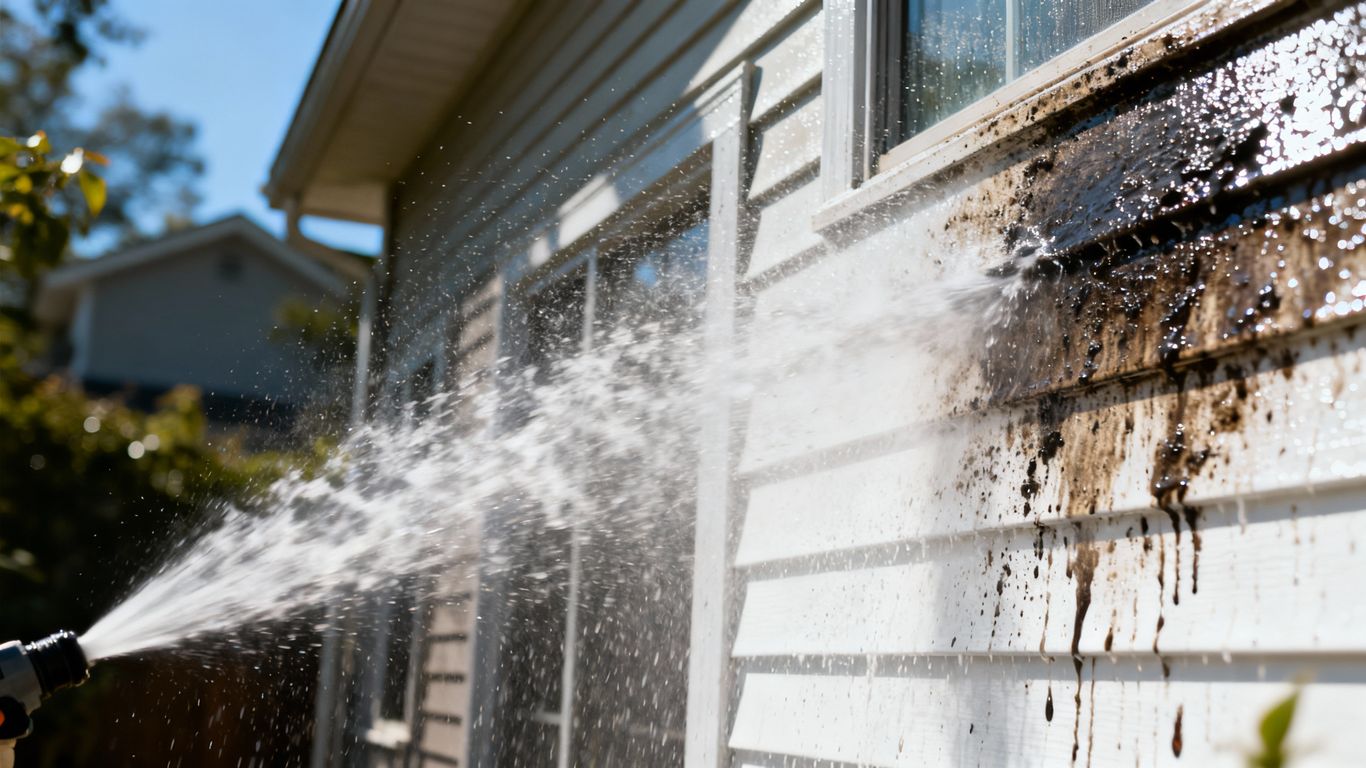 Power washing cleaning a dirty house exterior.