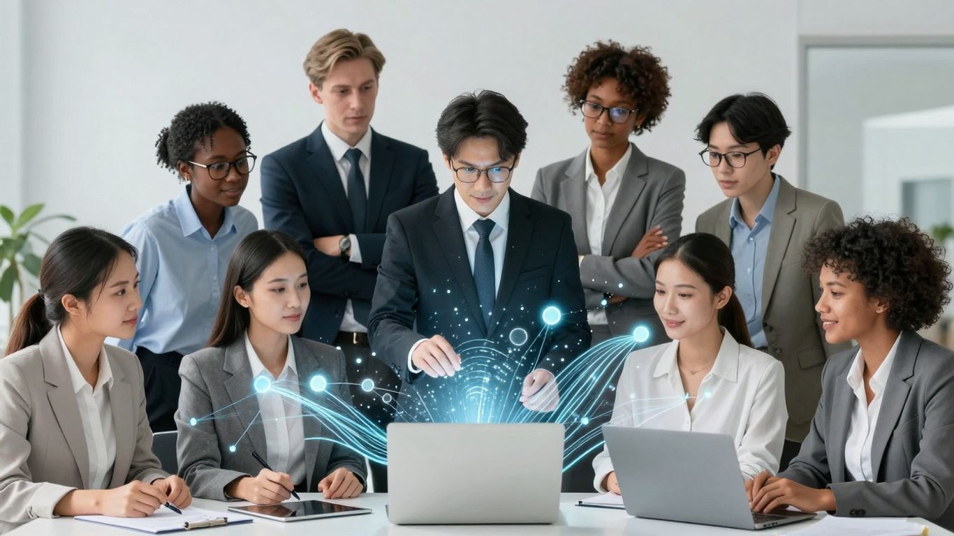 Business professionals collaborating on digital marketing strategies.