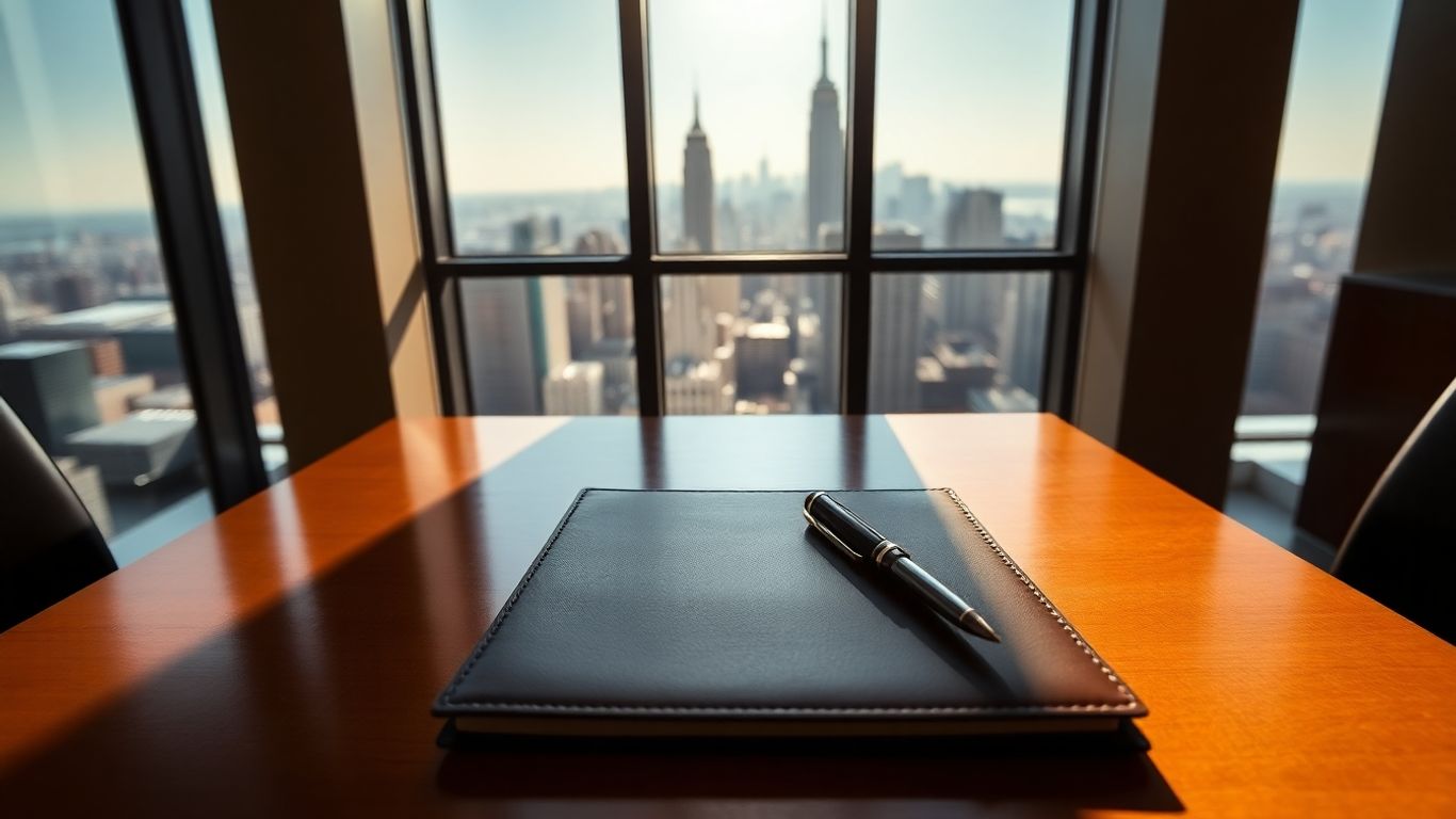 NYC skyscraper office with legal analyst desk.