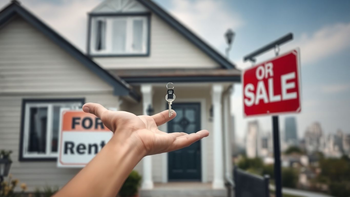 Casa con cartel de alquiler y venta.