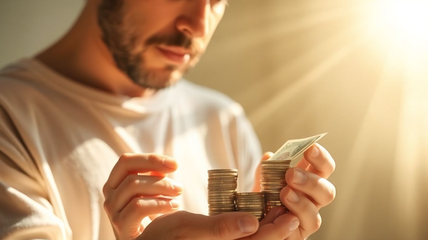 Person managing money with financial growth elements.