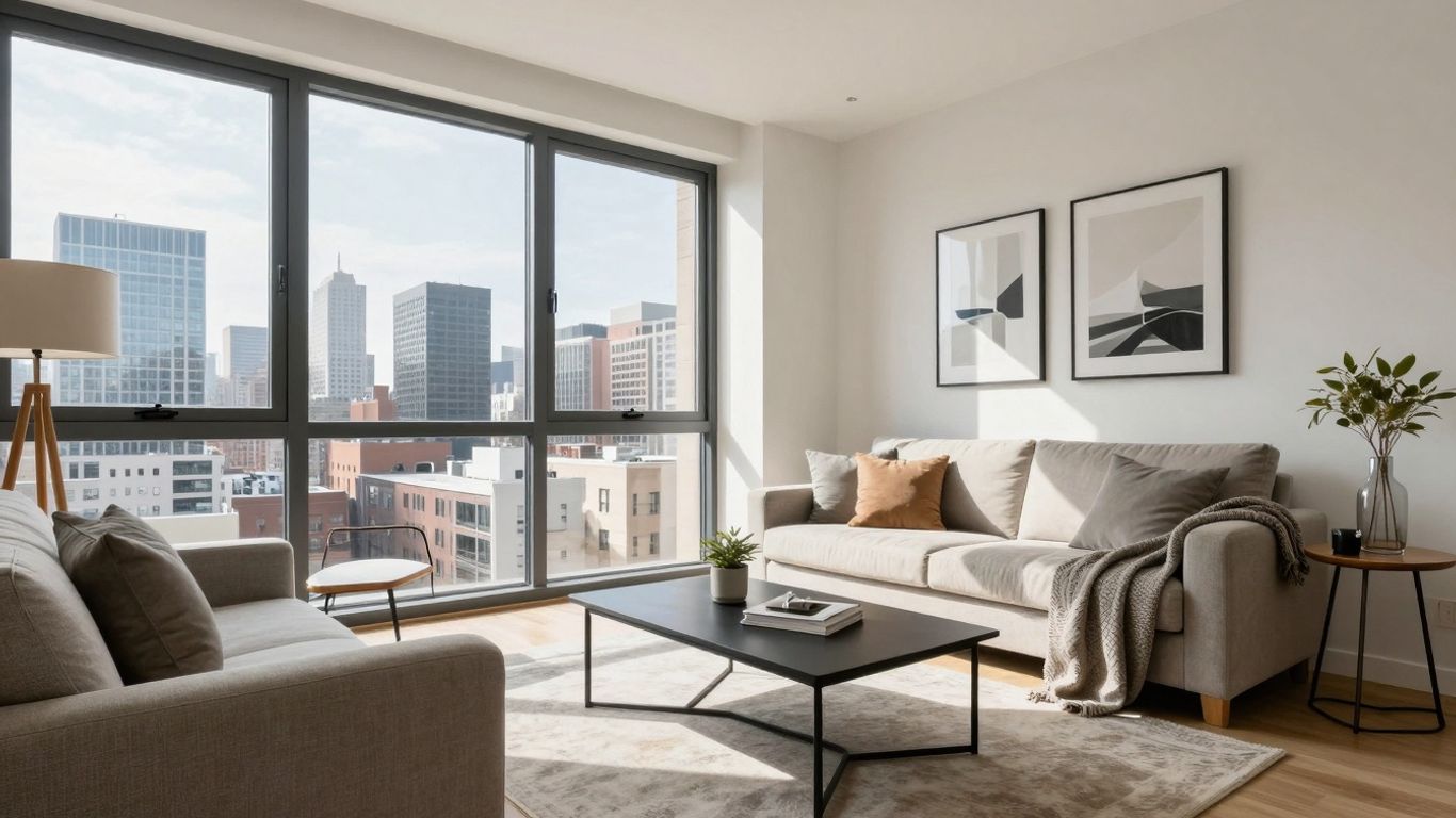 Modern apartment interior with city view.