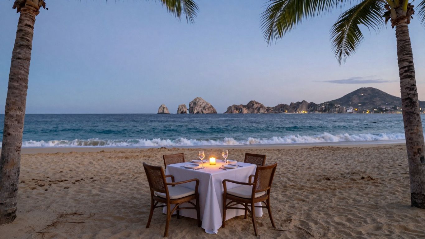 Aleta Restaurant beachfront dining table on sand at sunset.