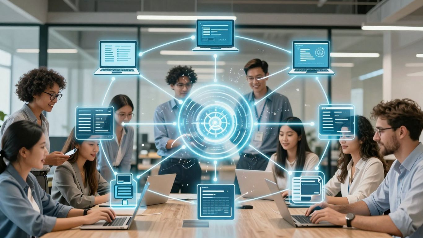 IT professionals collaborating on technology solutions infographic.