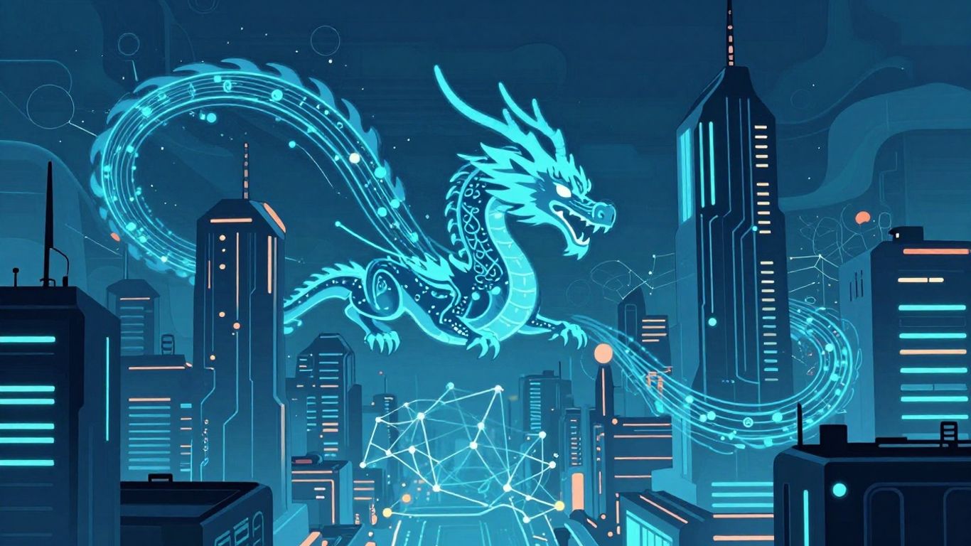 Futuristic cityscape with AI circuits and a digital dragon.