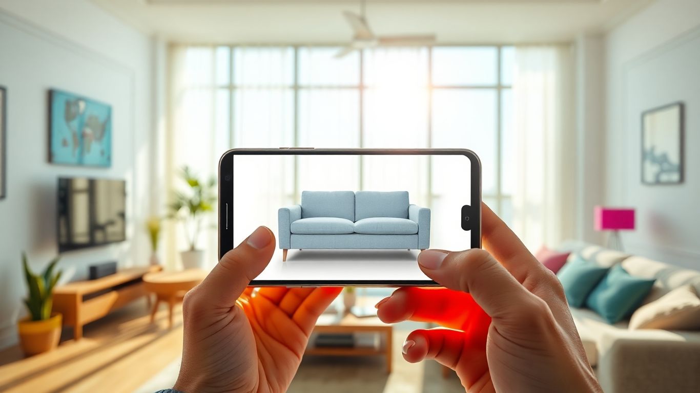 Person using phone to view 3D furniture in augmented reality.