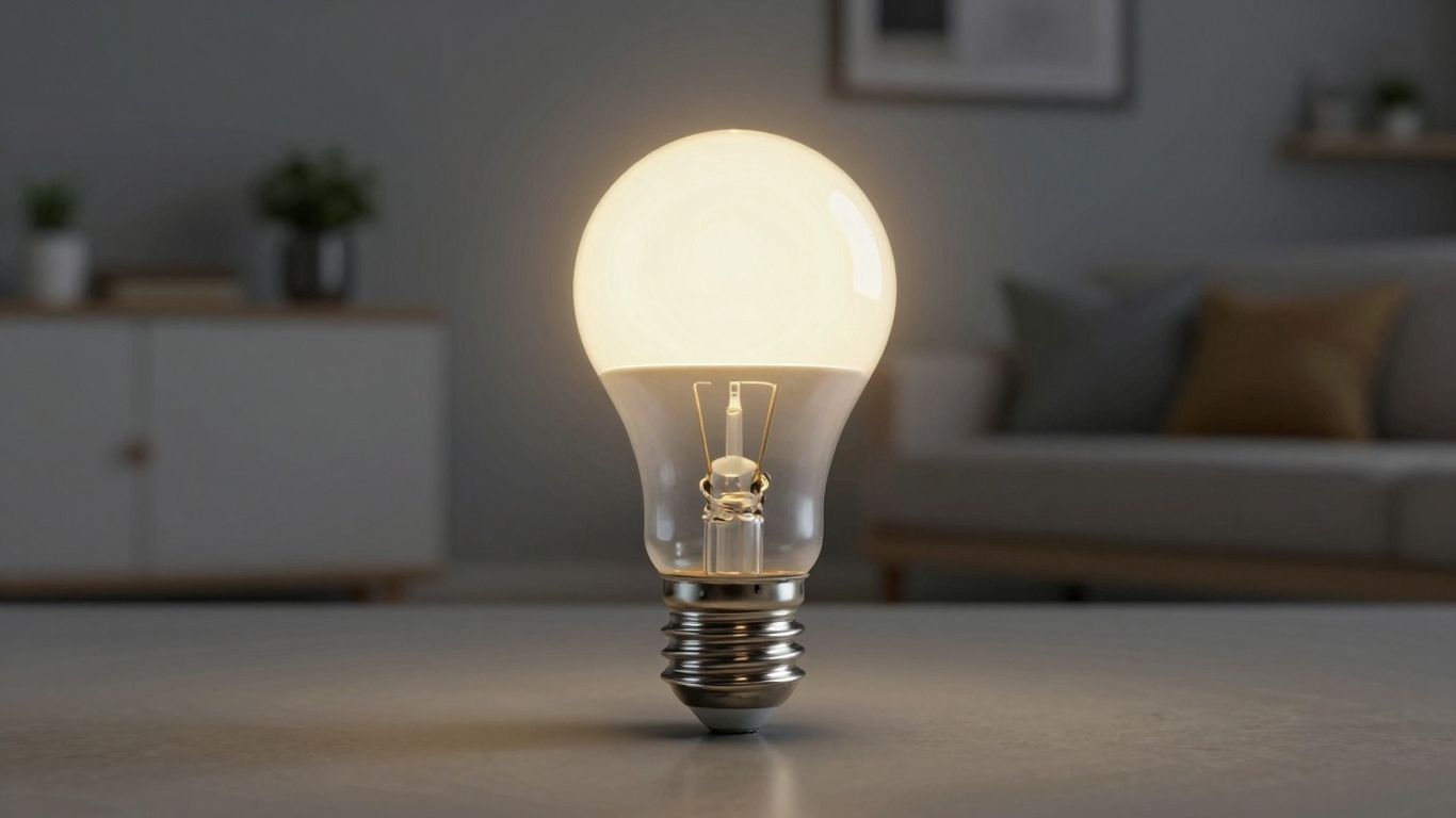 A glowing LED bulb in a home setting.