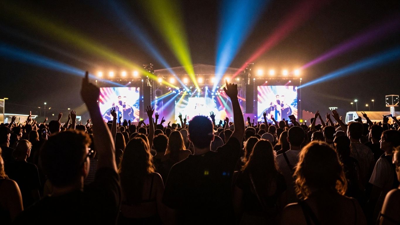 Festival crowd with hands up at a concert.