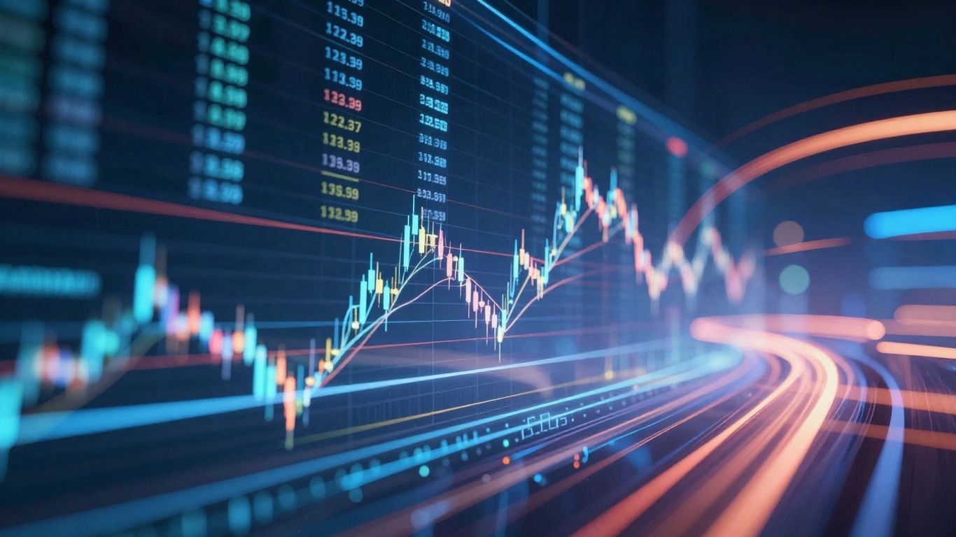 Live financial data streams with abstract light trails.