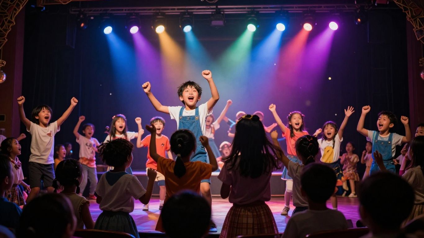 Kinderen voor Kinderen concert met vrolijke kinderen op podium.