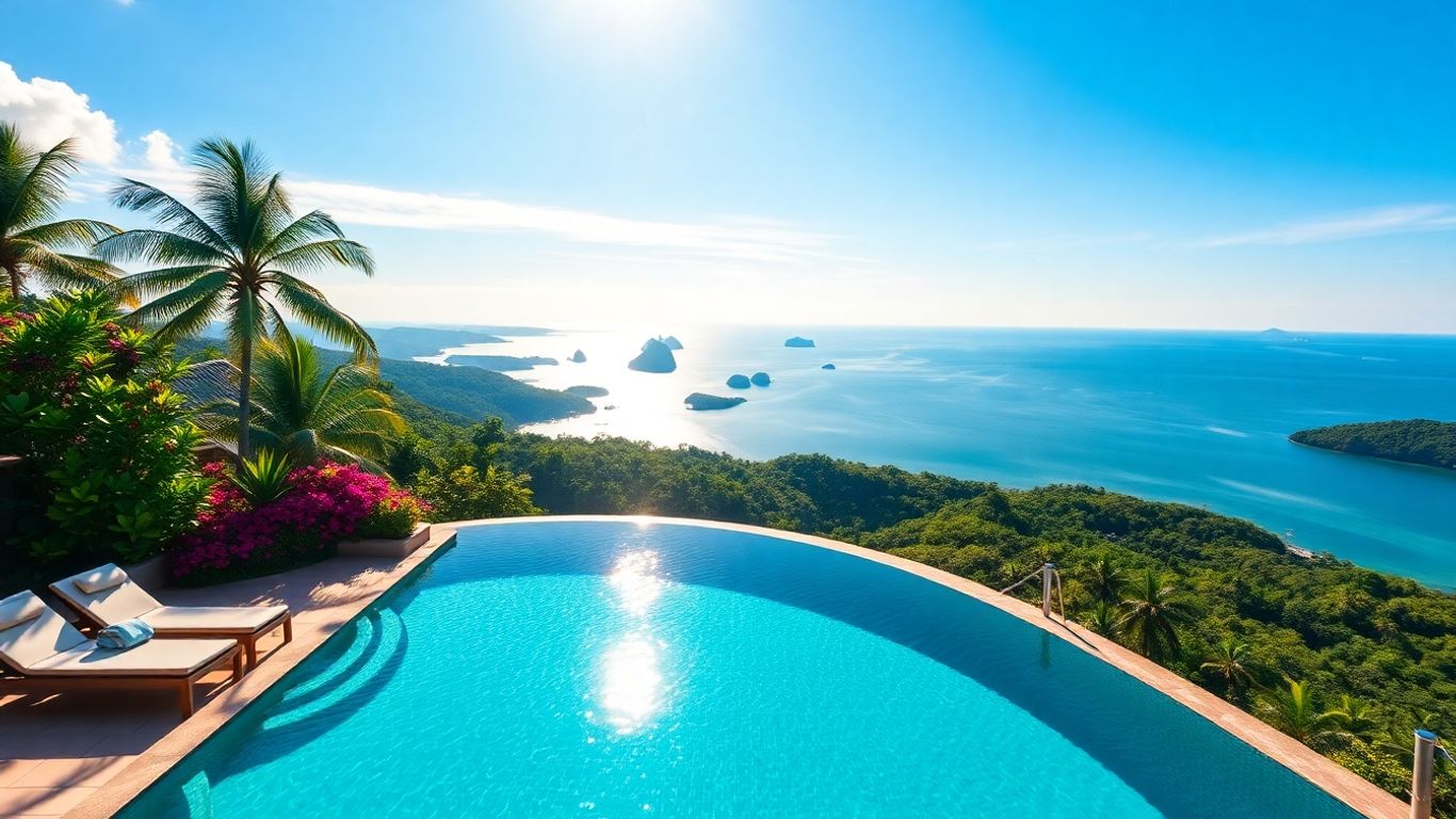 Luxury infinity pool with tropical Phuket island view.