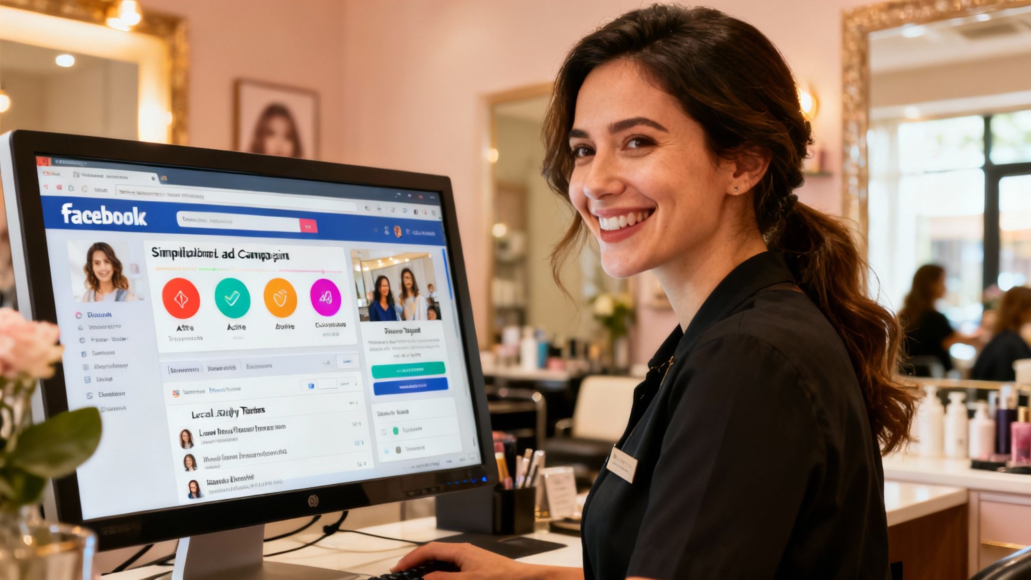 Salon receptionist using a computer to manage Facebook ads.