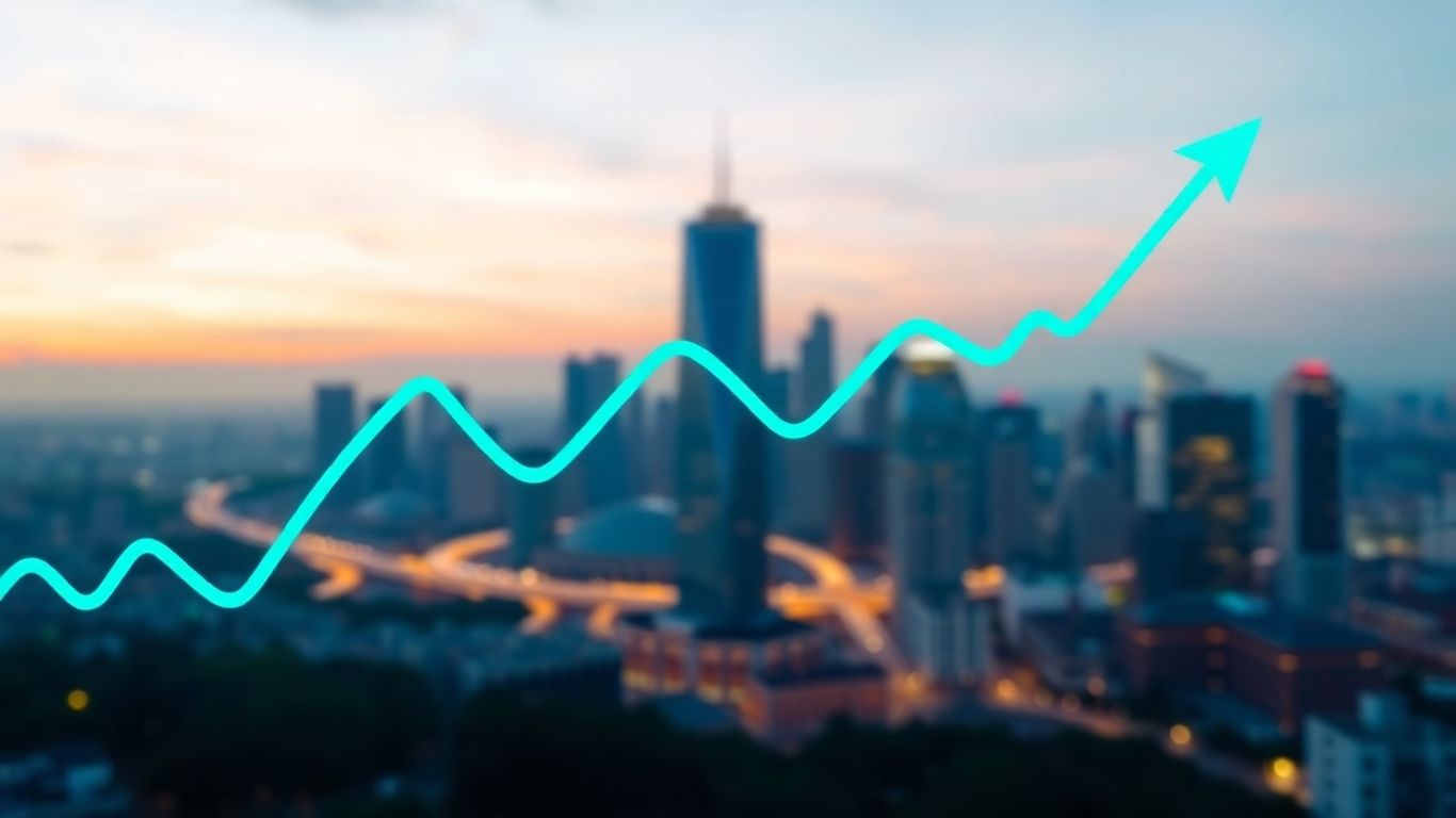 Upward trending financial chart with city backdrop
