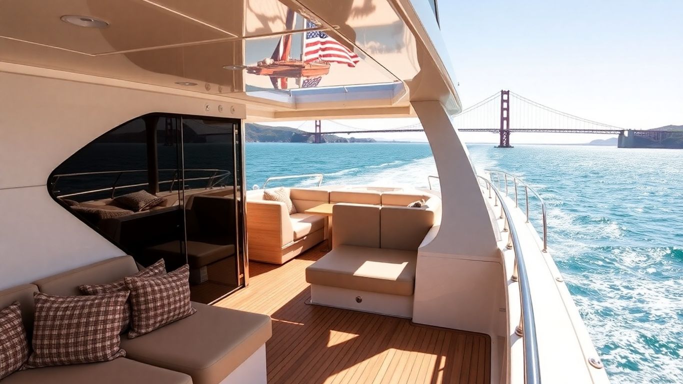 Luxury yacht sailing near California coast with Golden Gate Bridge.