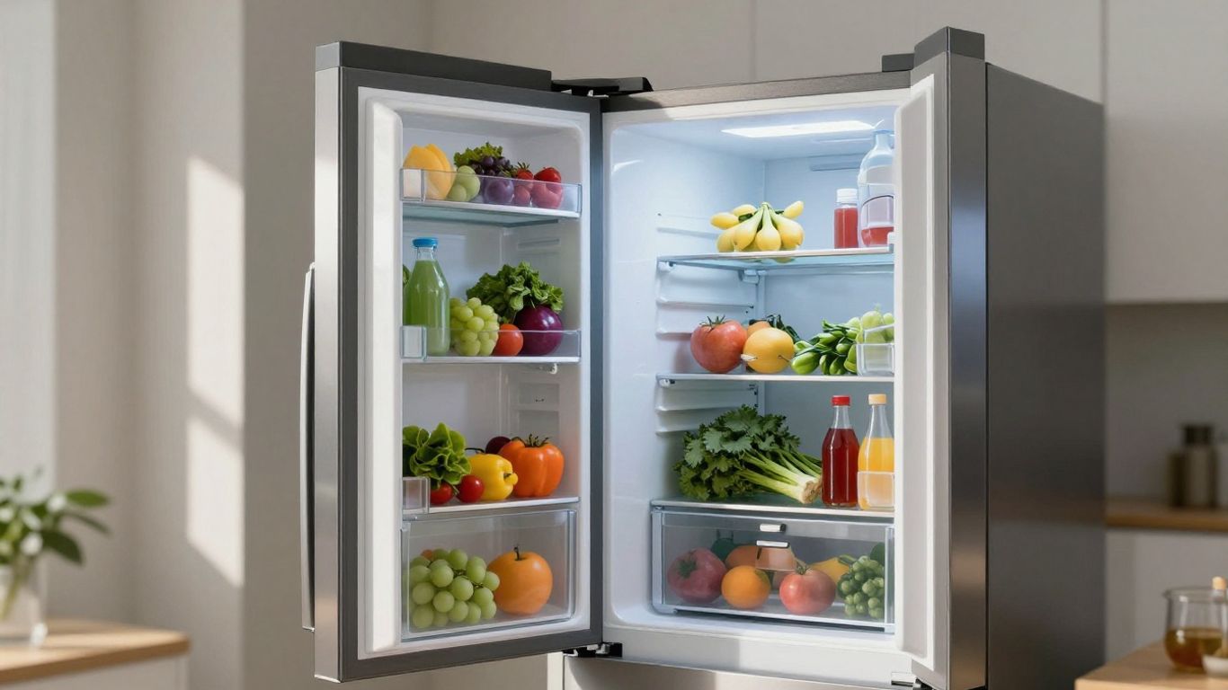 Réfrigérateur élégant rempli de nourriture et de boissons fraîches.