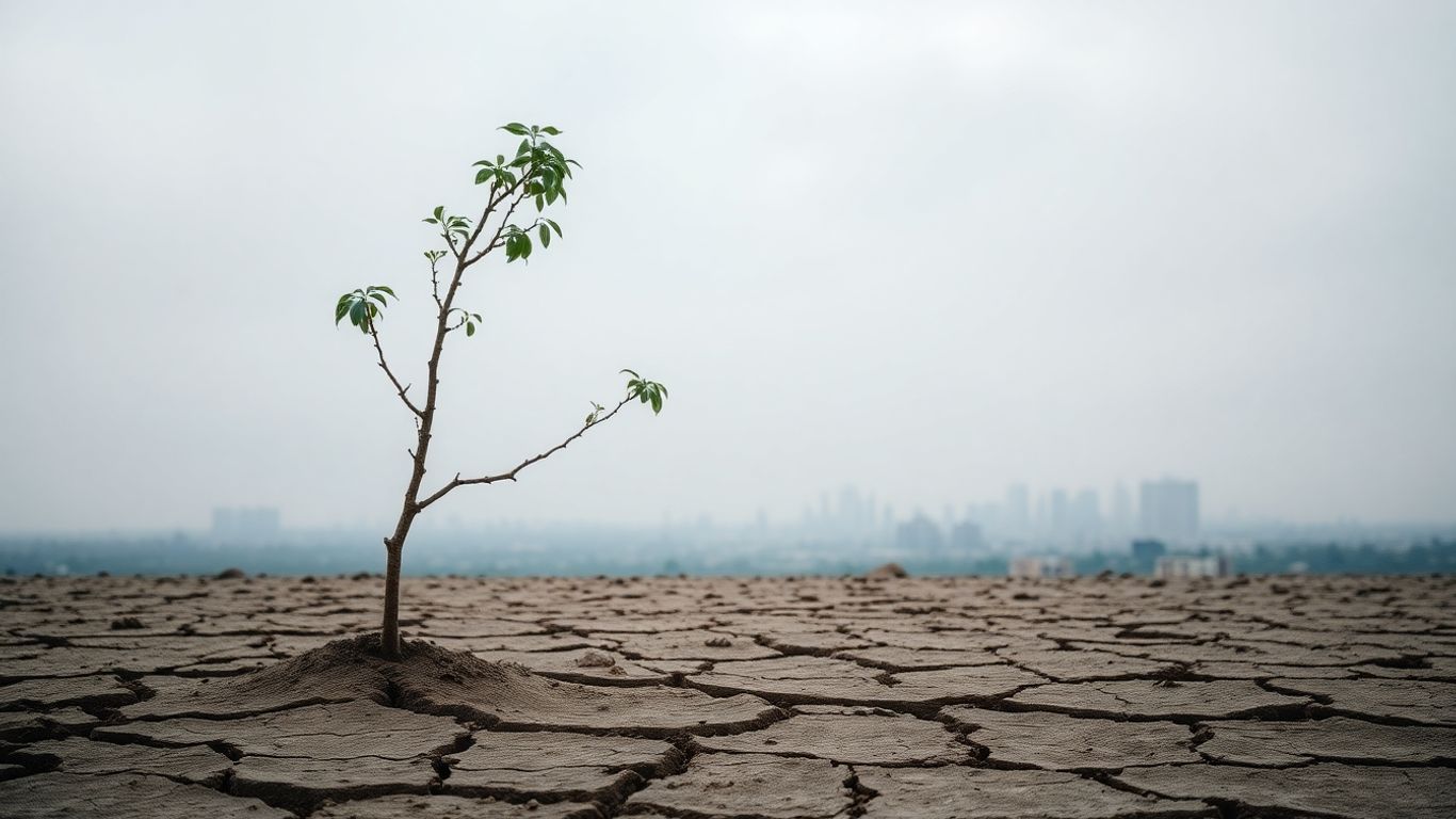 Terre craquelée sous un ciel gris, un jeune arbre mourant.