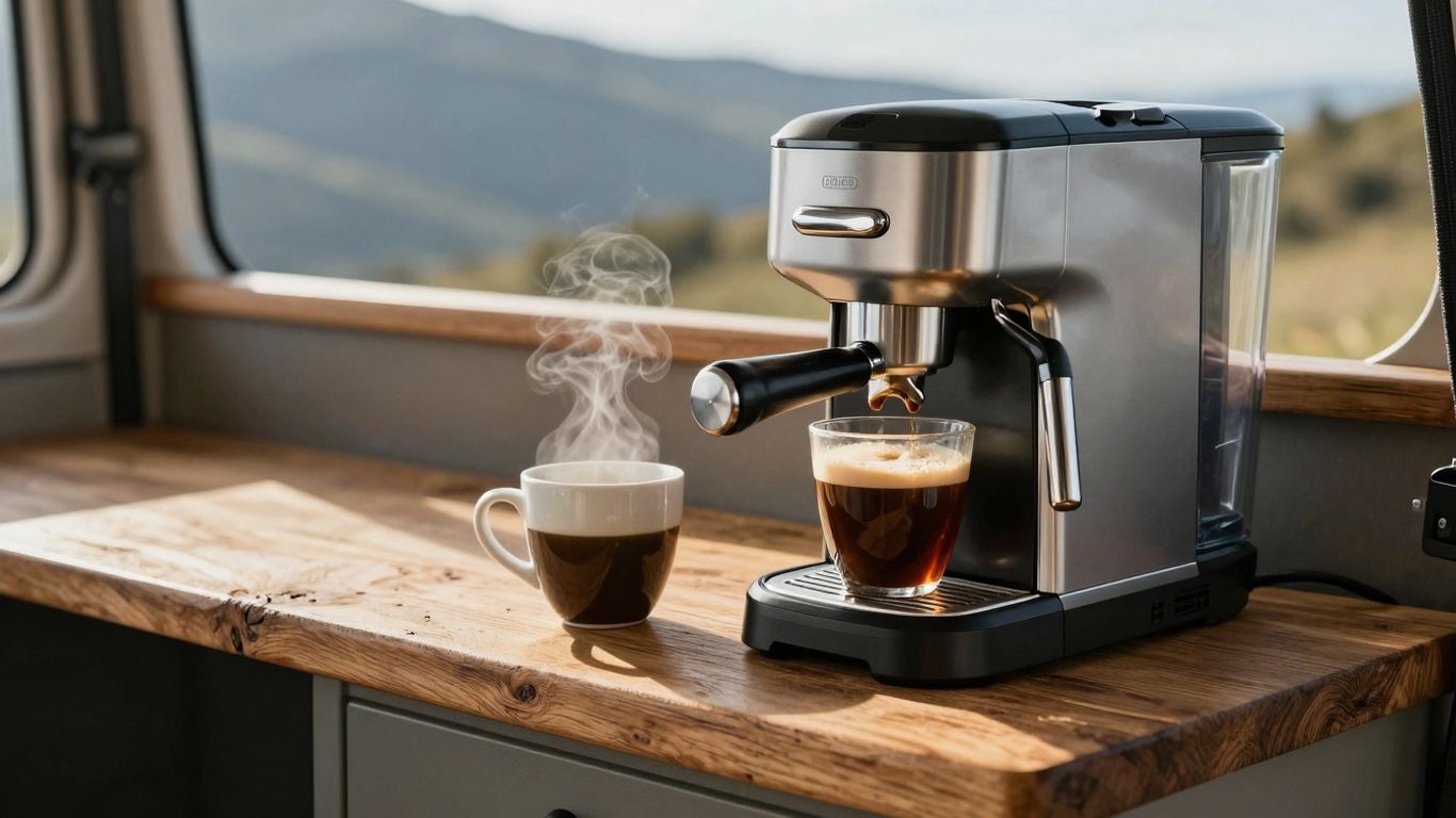 Coffee maker and cup on a van countertop.
