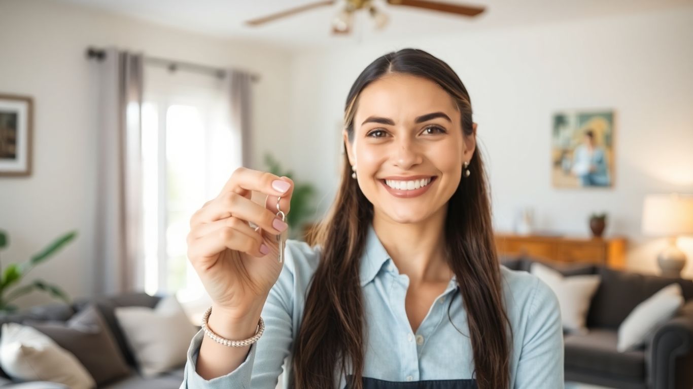 Persona sonriente con llave de casa y sala acogedora.