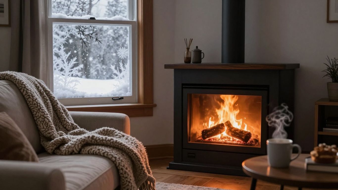 Cozy living room with fireplace, snow outside window, warm blanket.