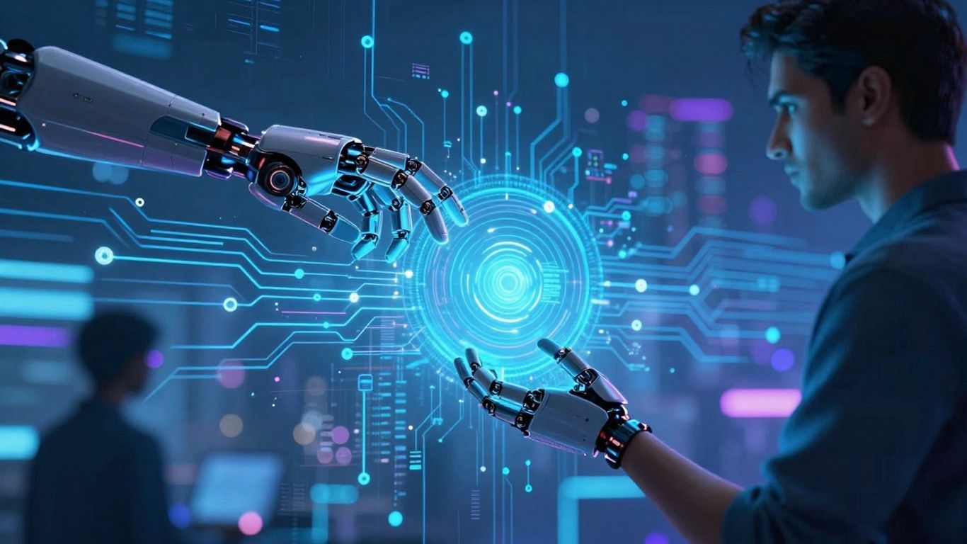 AI and human hands in a digital cybersecurity network.