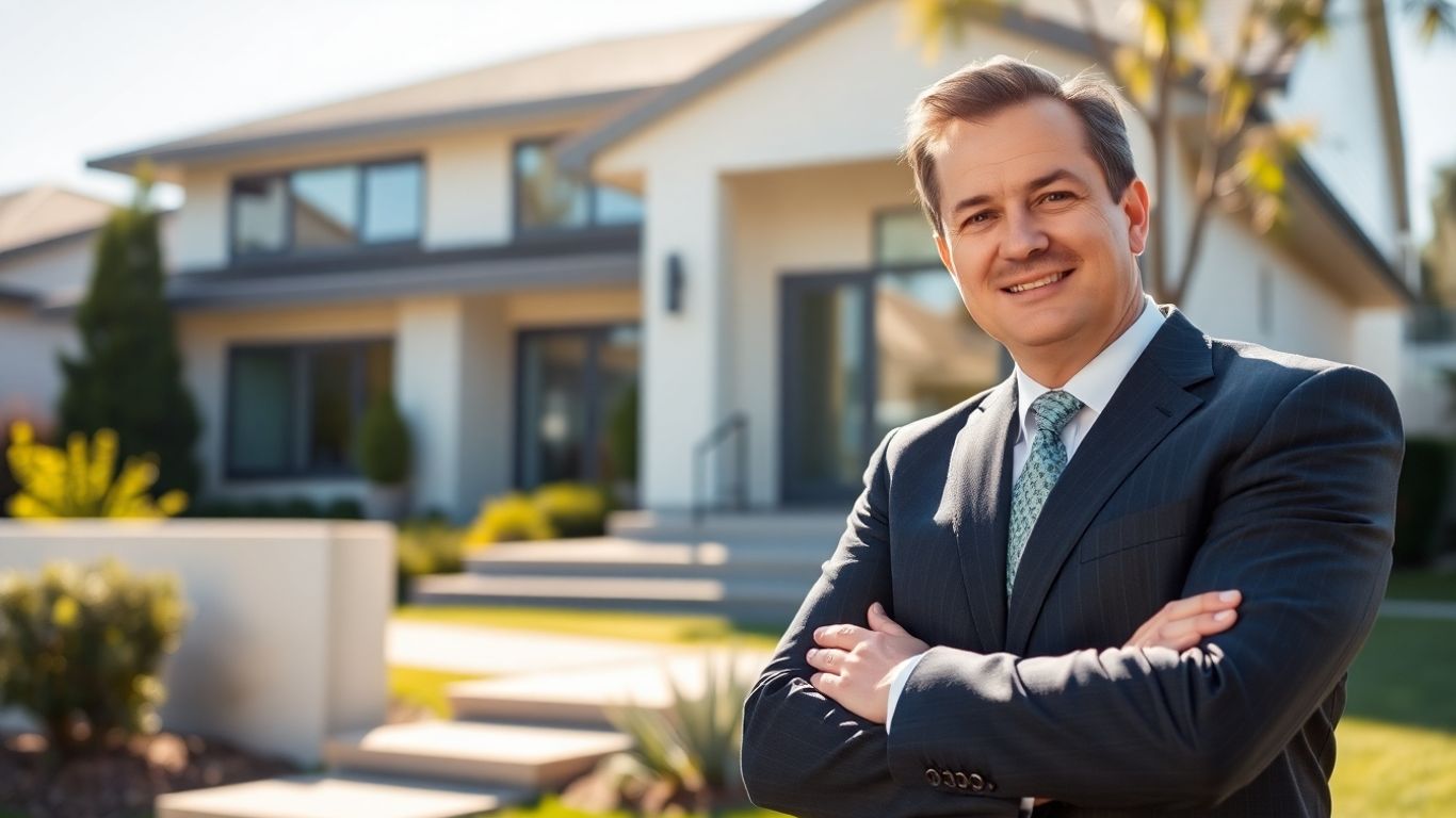 Real estate broker standing in front of a house.