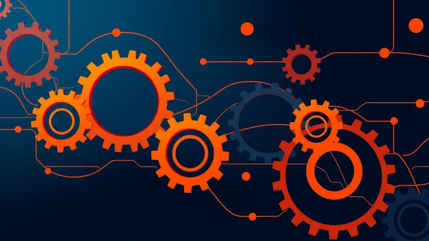 Interconnected gears and flowing lines illustration