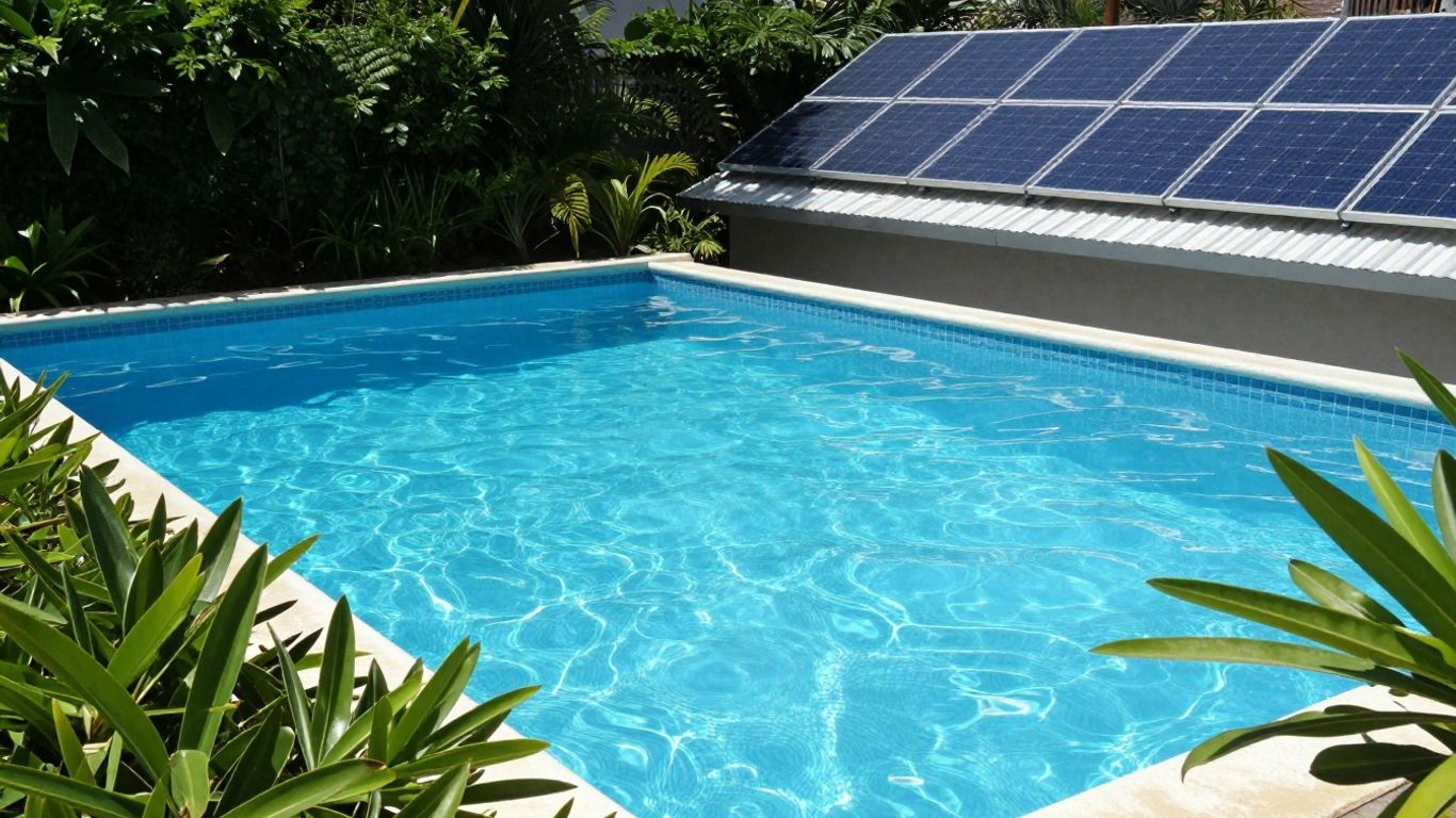 Panneaux solaires sur un toit près d'une piscine