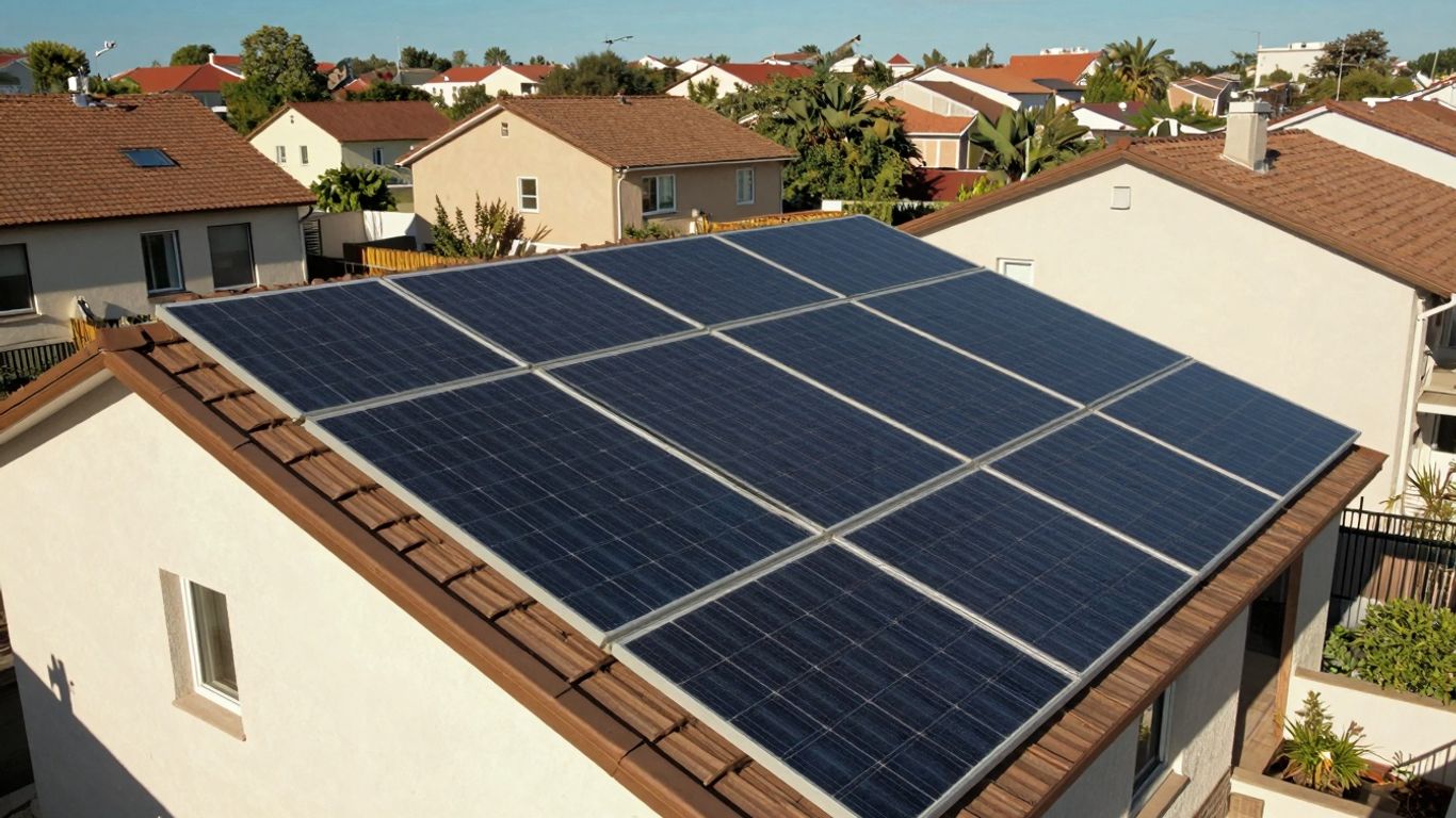 Large Residential Rooftop Solar Array On A Suburban Home, Representing Homeowner Interest In Solar Loan Rates California And Financing Options