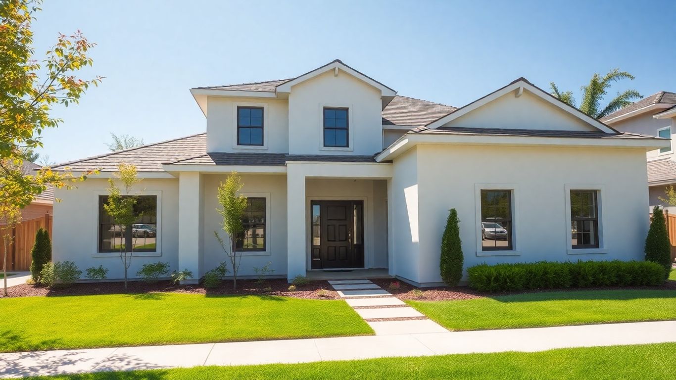 Modern house exterior with clean facade and landscaping.